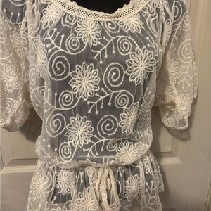 Sheer Embroidered Lace Tunic with Faux Drawstring Waist - Cream